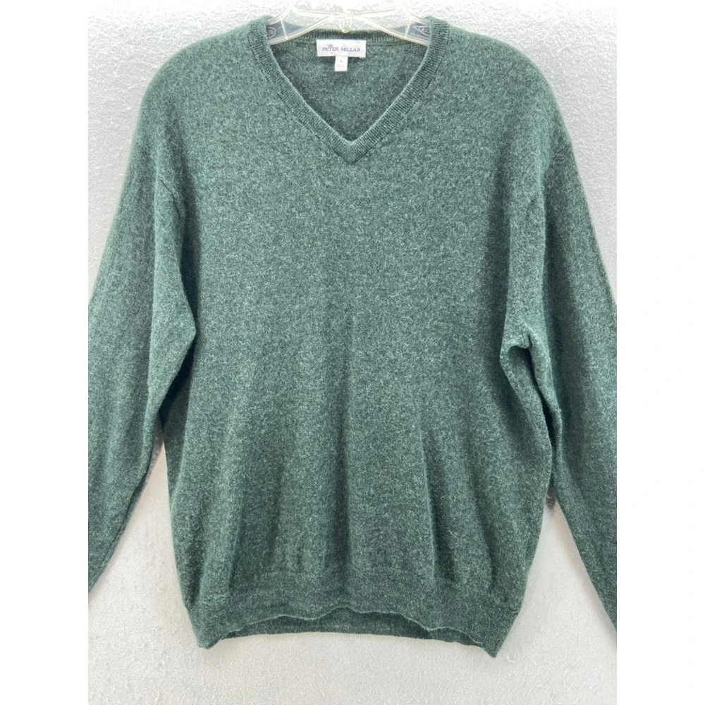 Peter Millar Sweater Mens Sz L Green Merino Wool Lyocell V-Neck Pull Over‎